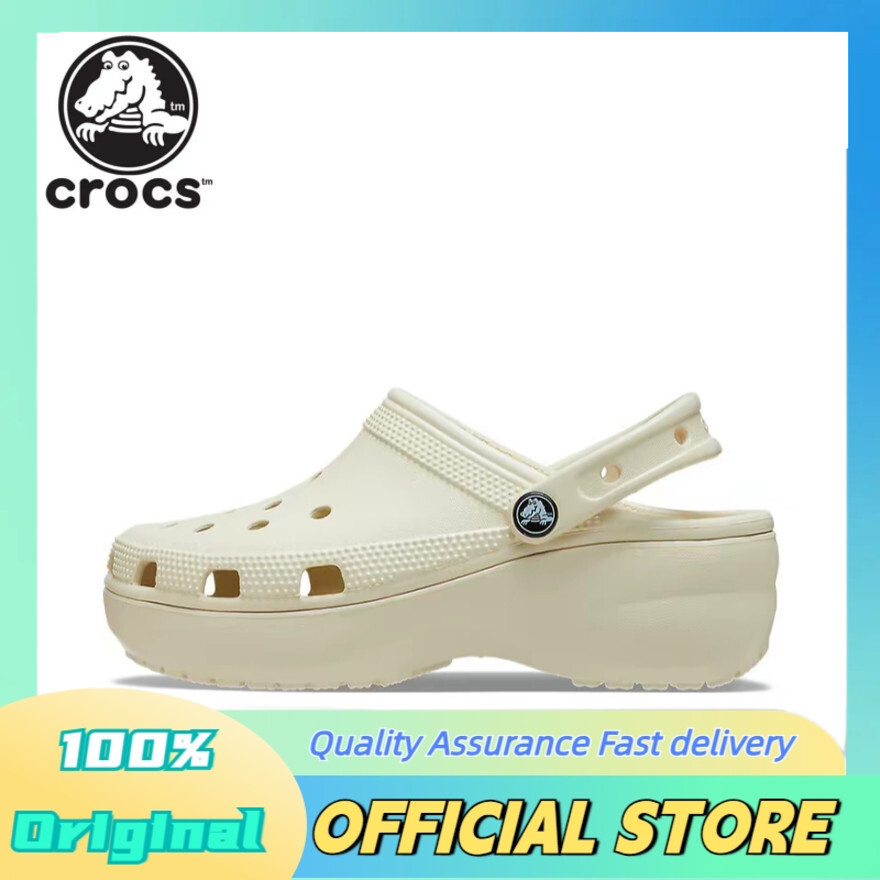 Crocs คลาสสิกกระดูกหยาบ Crocs สีขาวรองเท้าแตะผู้หญิงปานกลางแนวโน้มกลางแจ้ง 206750-2Y2