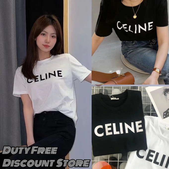 ของแท้Celine/ผ้าฝ้ายเจอร์ซีย์/เสื้อยืดหลวม//สไตล์เดียวกันสำหรับผู้ชายและผู้หญิง