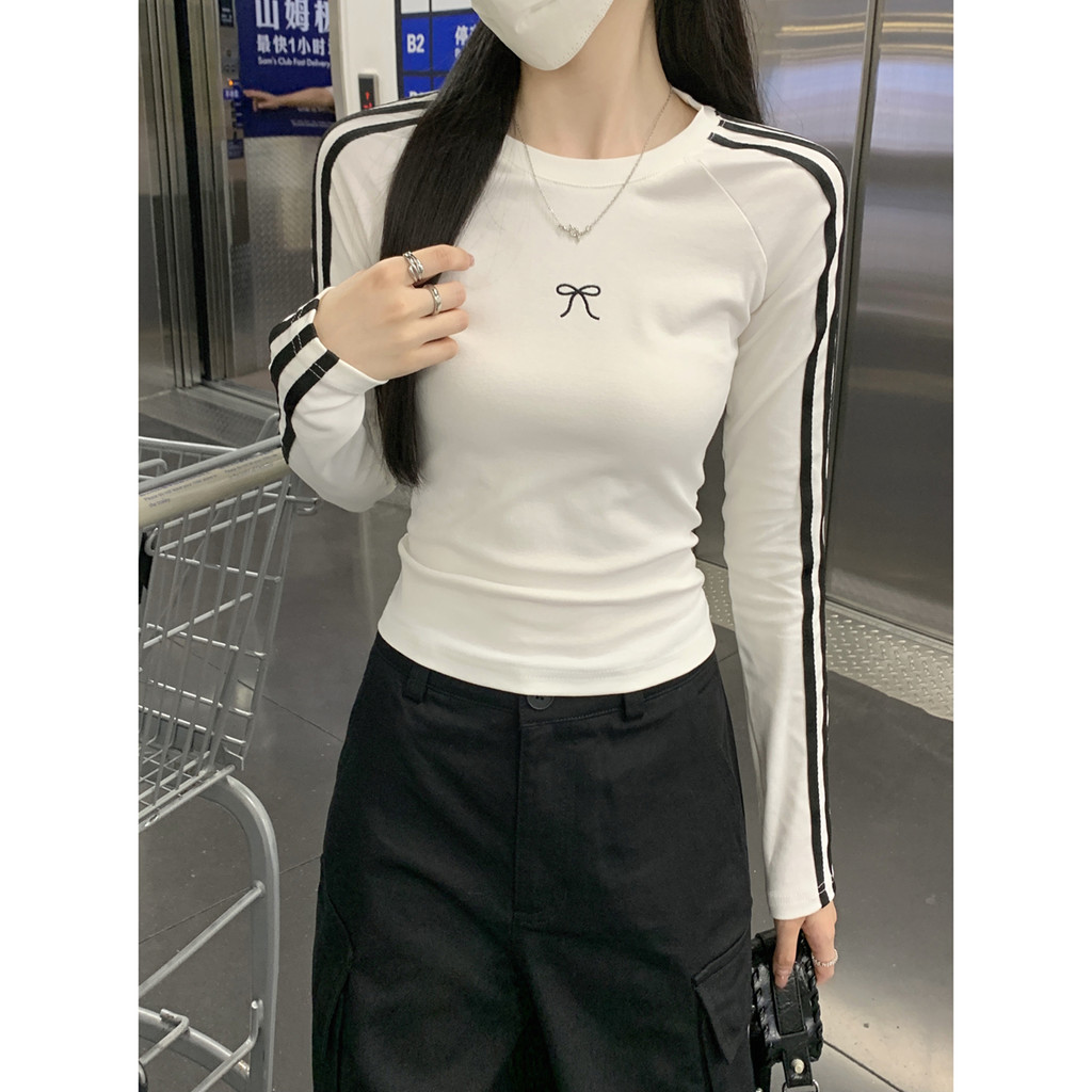 81608 ผ้าฝ้ายแท้คอกลม Raglan ไหล่ Slimmer ดูเสื้อยืดแขนยาว