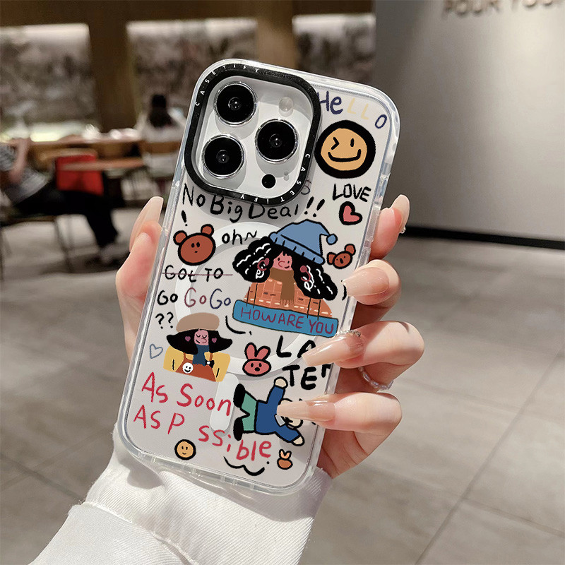 หมีน้อย Graffiti หมวกสาวไร้สายชาร์จแม่เหล็กสําหรับ IPhone 11 14 15 16 Pro Max 12 13 Pro Max ฝาครอบ 14 15 16 PLUS ซิลิโคนนุ่มกันชนใสกันกระแทก