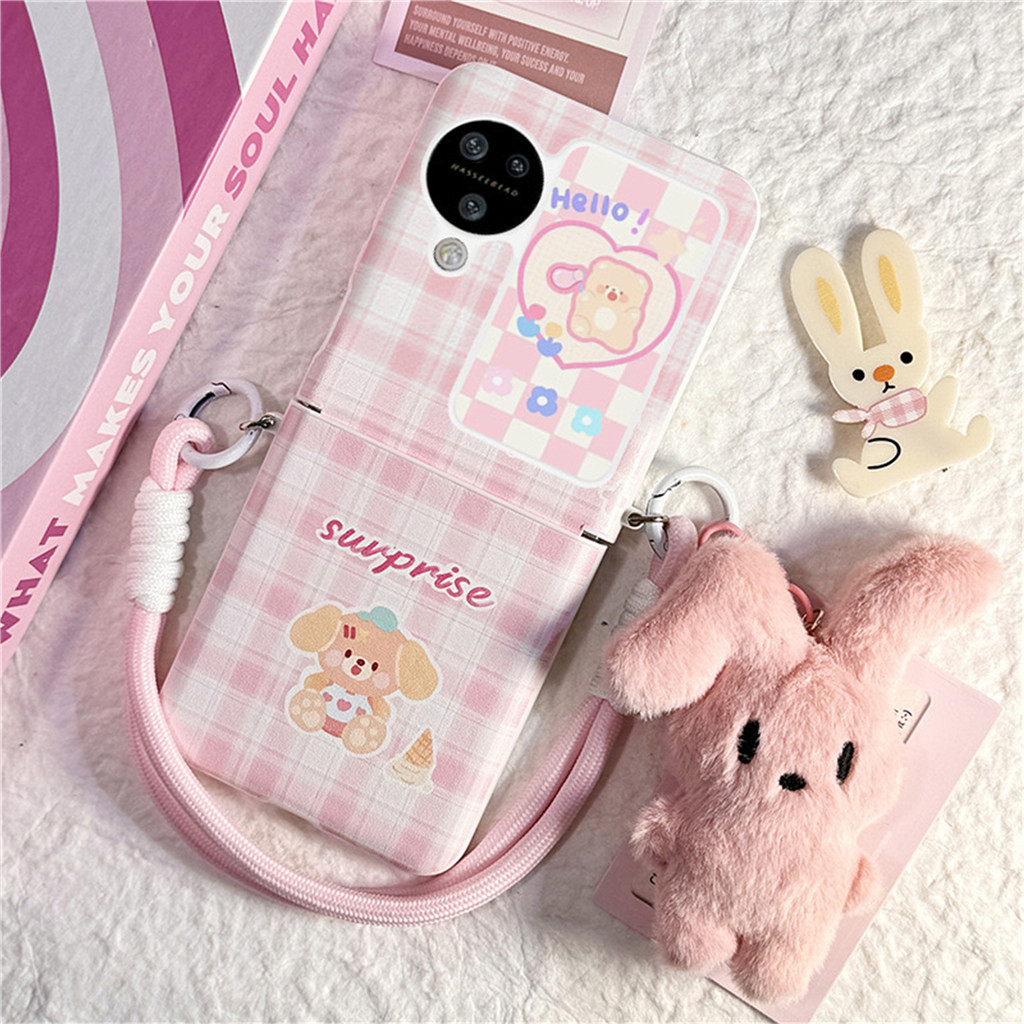 ตลกcrossbody Lanyardแบบพกพาเชือกกระต่ายลูกสุนัขตาข่ายสีชมพูสําหรับOPPOค้นหาN2 FliPค้นหาN3 Flipกันกระแทกปกหลัง