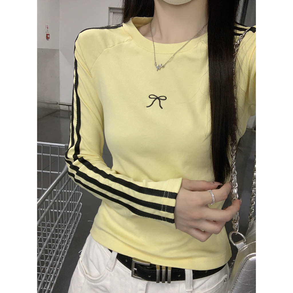 81608 ผ้าฝ้ายแท้คอกลม Raglan ไหล่ Slimmer ดูเสื้อยืดแขนยาว