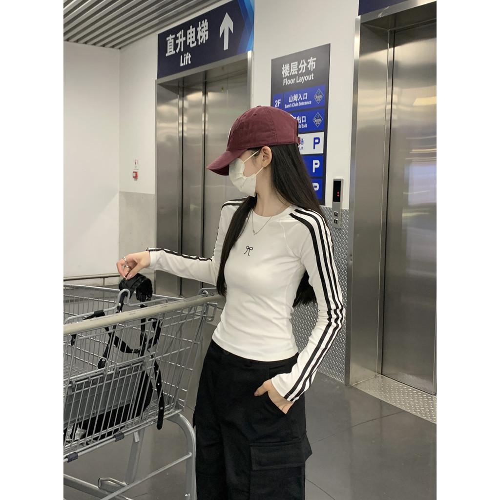 81608 ผ้าฝ้ายแท้คอกลม Raglan ไหล่ Slimmer ดูเสื้อยืดแขนยาว