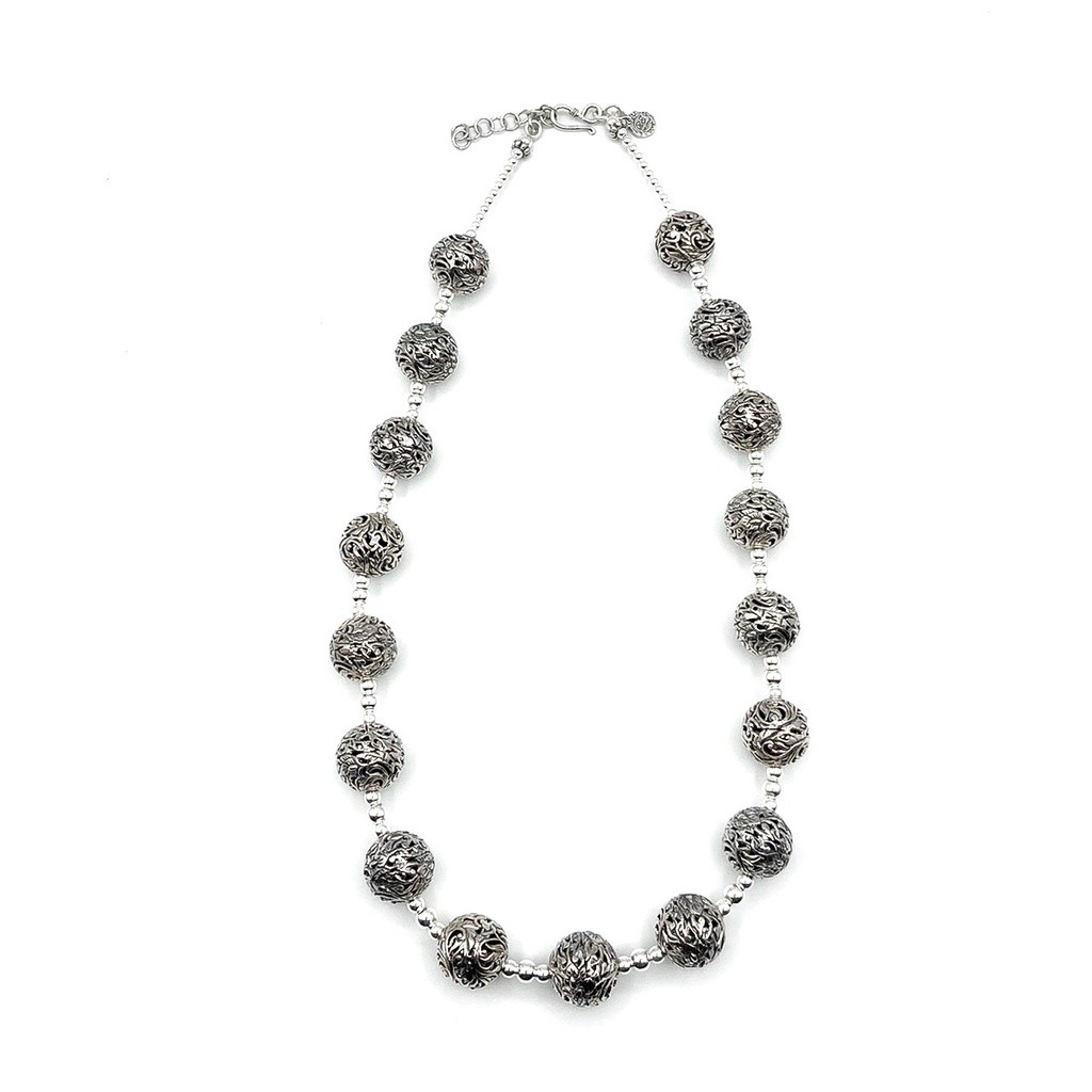 กรุณาสอบถามสต๊อคก่อนสั่งซื้อสร้อยคอลูกประคำเงินตอกฉลุลายไทย ลายดอกไม้ เงินแท้ 925 [NFS0001]