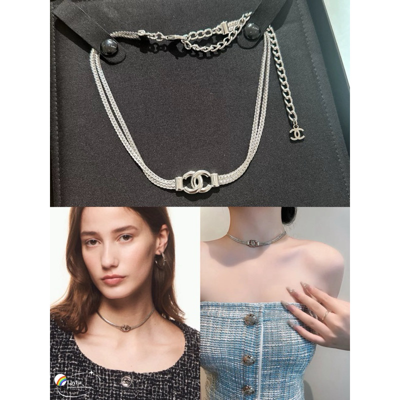 ของแท้ CHANEL 24B เงินสองชั้น CC โลโก้ Snake Bone Choker สร้อยคอ