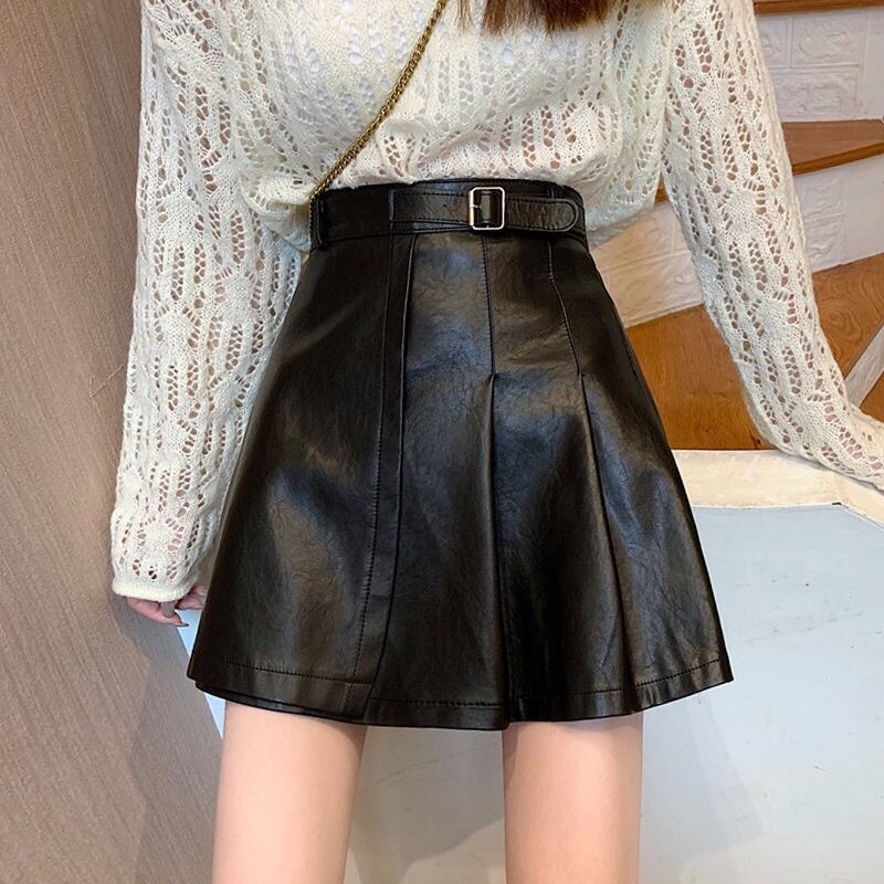 สไตล์ใหม่เกาหลีรุ่น Slimmer ดู All-Match PU หนังกระโปรงครึ่งความยาวกระโปรงสีดําสั้นสกี