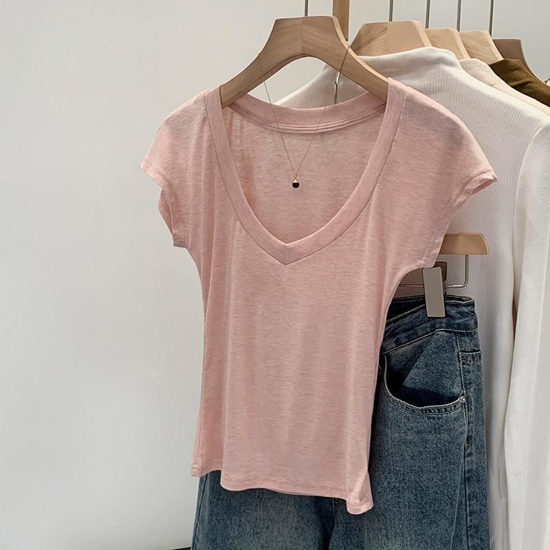 87347 Lyocell Fiber V คอ Slim เสื้อยืดแขนสั้นผู้หญิง