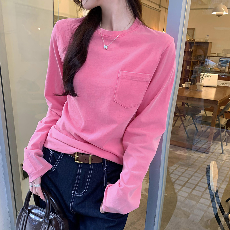 81858 เสื้อยืดแขนยาวสีเทากระเป๋าผ้าฝ้าย 100%