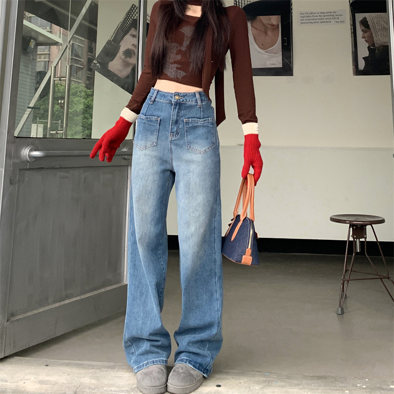 82019 ย้อนยุคเอวสูงหลวมกระเป๋ากางเกงตรงกางเกงยีนส์