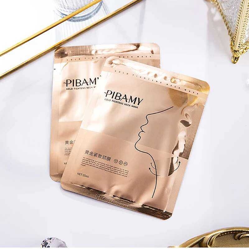 ▥ 10Pcs GOLD Firming Neck Mask Moisturizing Brightening Hydrating คอ Skincare หน้ากากความงามคอ