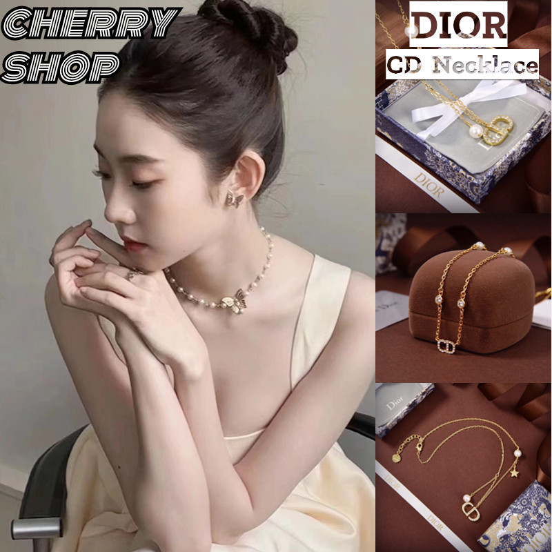สร้อยคอ Dior Petit CD สีเงิน-ขาว โลหะเคลือบเงิน คริสตัล ปรับความยาวได้ 42-46 ซม.