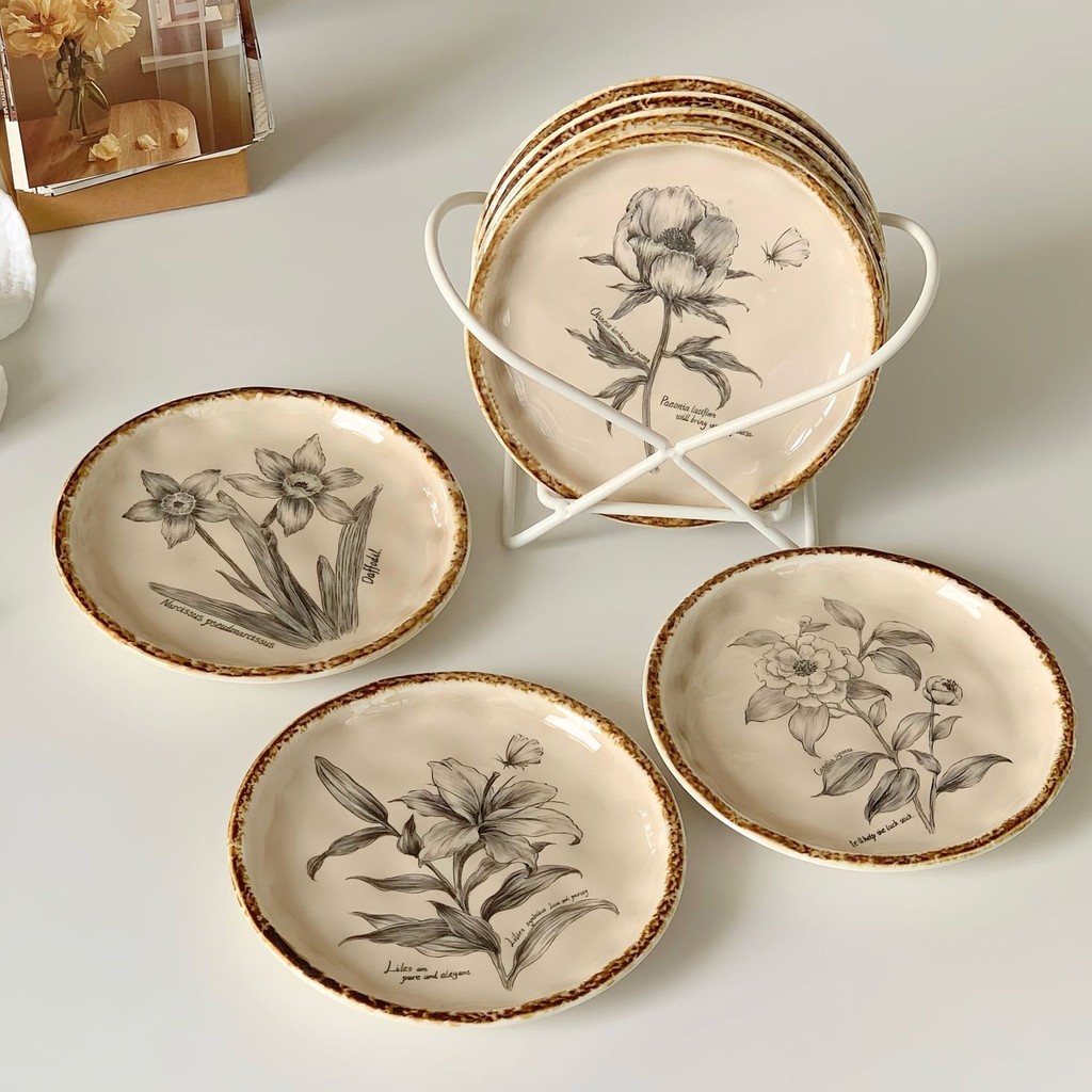 จานเซรามิคย้อนยุคในครัวเรือนจานขนาด 6 นิ้วจานขนมสร้างสรรค์เค้กจานขนมรอบจานขนม