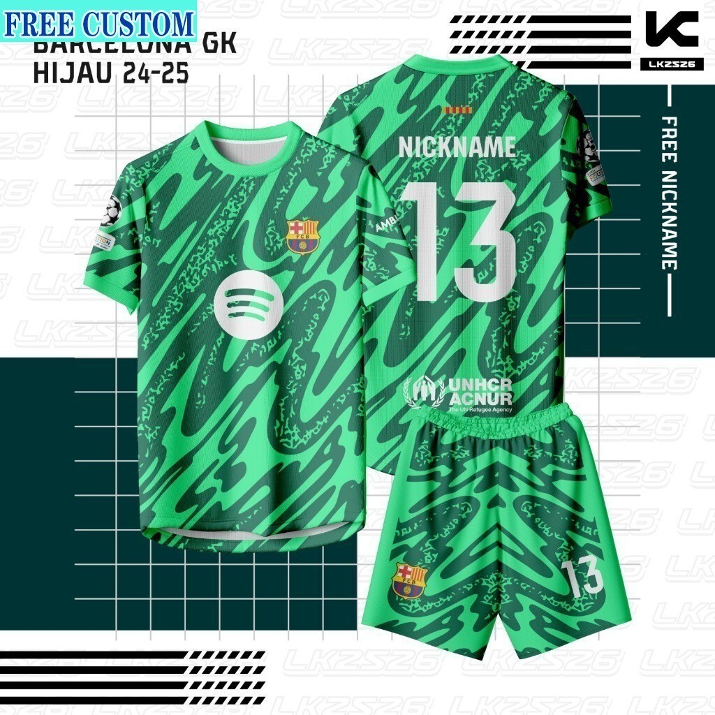 [หมายเลขชื่อทีมที่กำหนดเองฟรี] Jersey Blaugrana Lamine Yamal Goalkeeper Green 2024-2025 พิมพ์เต็ม