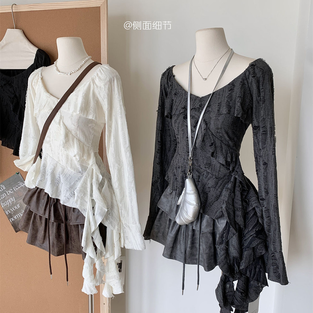 ใหม่ วิลตัน สไตล์ไม่สม่ําเสมอเสื้อยืด หางปลา ใบบัวแขนยาวเซ็กซี่สาวร้อน