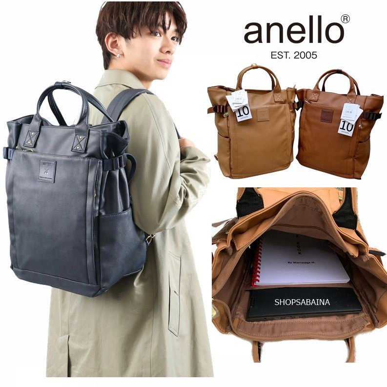 ♞กระเป๋าใส่โน๊ตบุ๊ค anello PU Tote leather Backpack 10pockets กระเป๋าเป้สะพายหลัง dvk