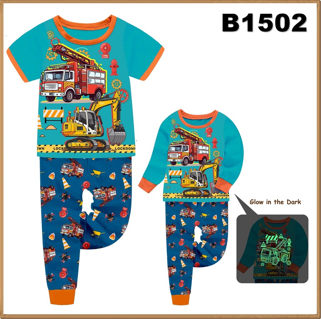 B1502 Excavator Fire Truck Glow in the Dark ชุดนอน / Baju Tidur (2 -14y)