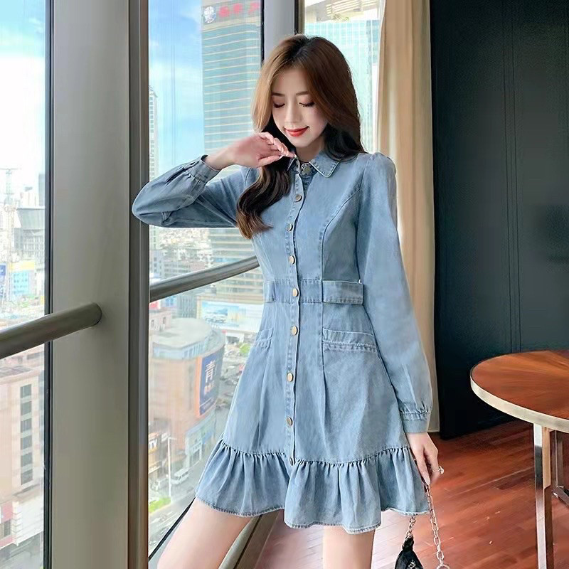 ♞,♘เดรสกระโปรงยีนส์แขนยาว คอปกกระดุมหน้าชายกระโปรงระบาย XXS