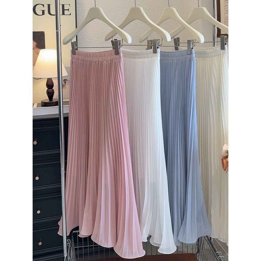 กระโปรงจีบพลิ้วชีฟองสตรีสีพาสเทล 2025 เอวสูงทรงAตัวอักษรขยายล่าง สไตล์เกาหลีนุ่มนวล