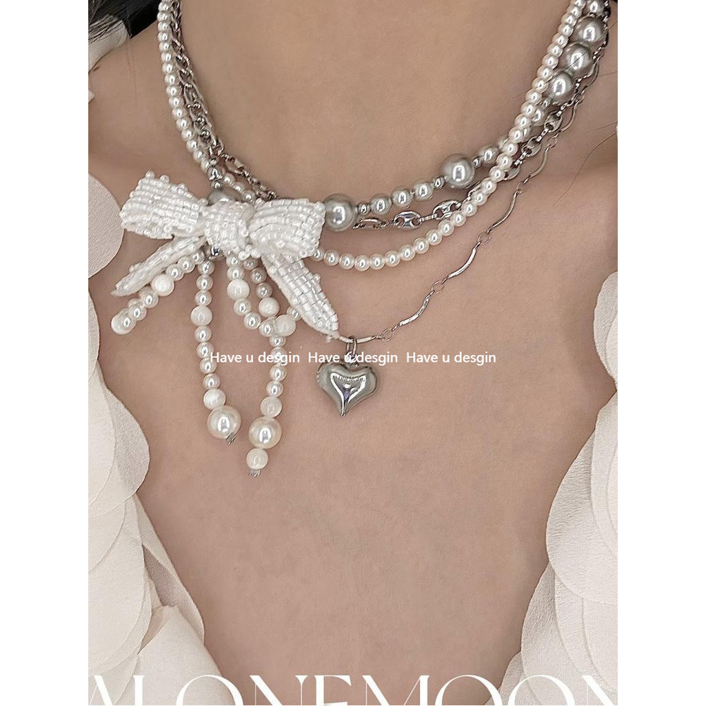 Have u desgin 2024 สไตล์ใหม่ Original Design Bow Pearl สร้อยคอ Heavy Industry Multi-Layer choker