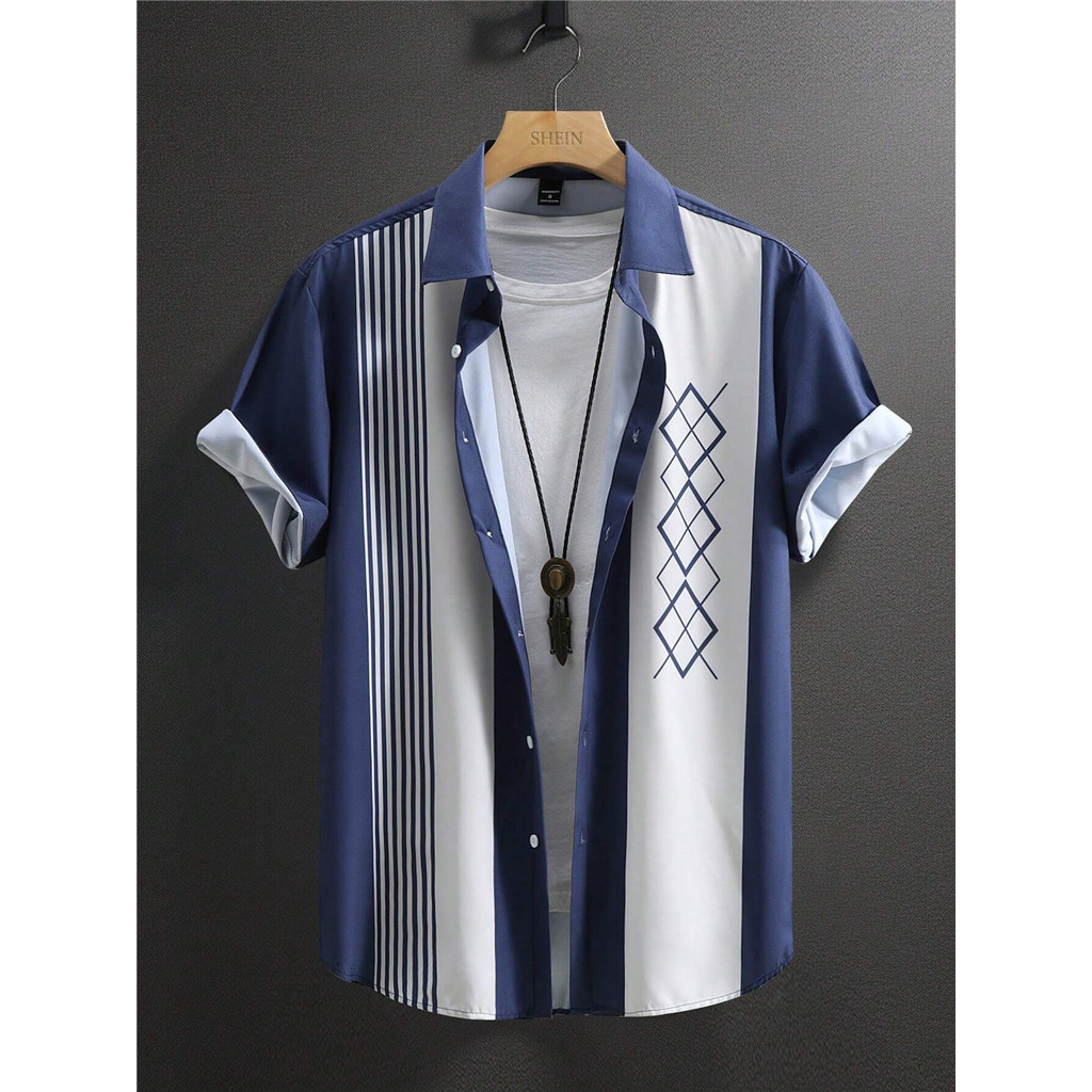 Manfinity Homme เสื้อเชิ้ตแขนสั้นพิมพ์ลายเรขาคณิตผู้ชาย Fun Collar แขนสั้น เหมาะสําหรับวันหยุด