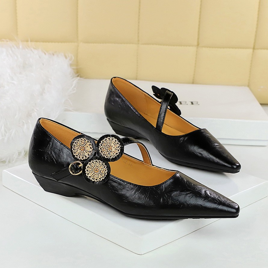 BIGTREE Pointed Toe Wedge Shoes Prom Retro Mary Jane Shoes 2cm