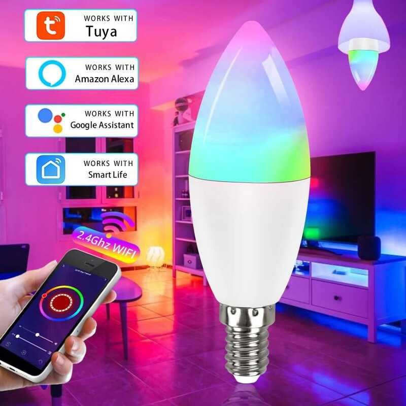 ▥ Wifi 220-240V E14 RGB CW + WW สมาร์ทชี้หลอดไฟ Tuya Smart Life APP ควบคุมเสียงใช้งานร่วมกับ Al