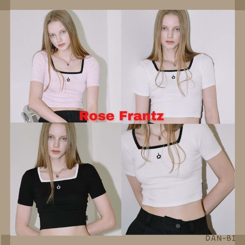 ♞[ROSE Frantz] เสื้อแขนสั้น คอสี่เหลี่ยม ลายดอกไม้ (ของแท้จากเกาหลี 100% 3 สี ลายดอกไม้น่ารัก!) XLF