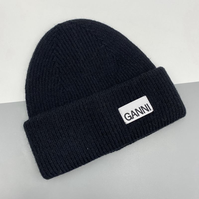 Ganni Womens Logo Sand Color Dome Warm Wool Blend Beanie หมวกถัก