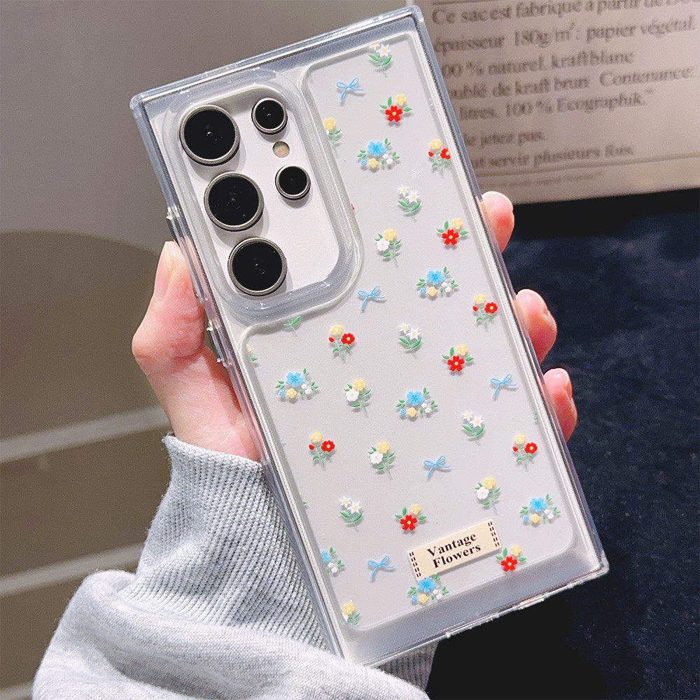 ฤดูใบไม้ผลิดอกไม้สีฟ้า Bowknot Clear เคสโทรศัพท์สําหรับ Samsung S25 S24 Ultra S23 Plus S22 S21 FE A50s A30s A54 A53 A12/M12 A04e A23 กันกระแทก Hard TPU โทรศัพท์ปกหลัง