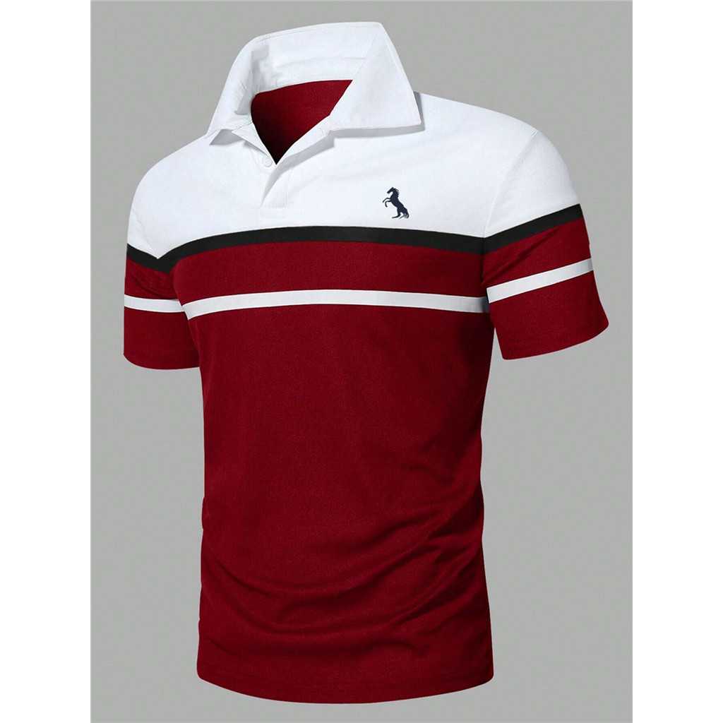 Manfinity Homme เสื้อโปโลพิมพ์ลายม้าสีตัดกันสําหรับผู้ชาย