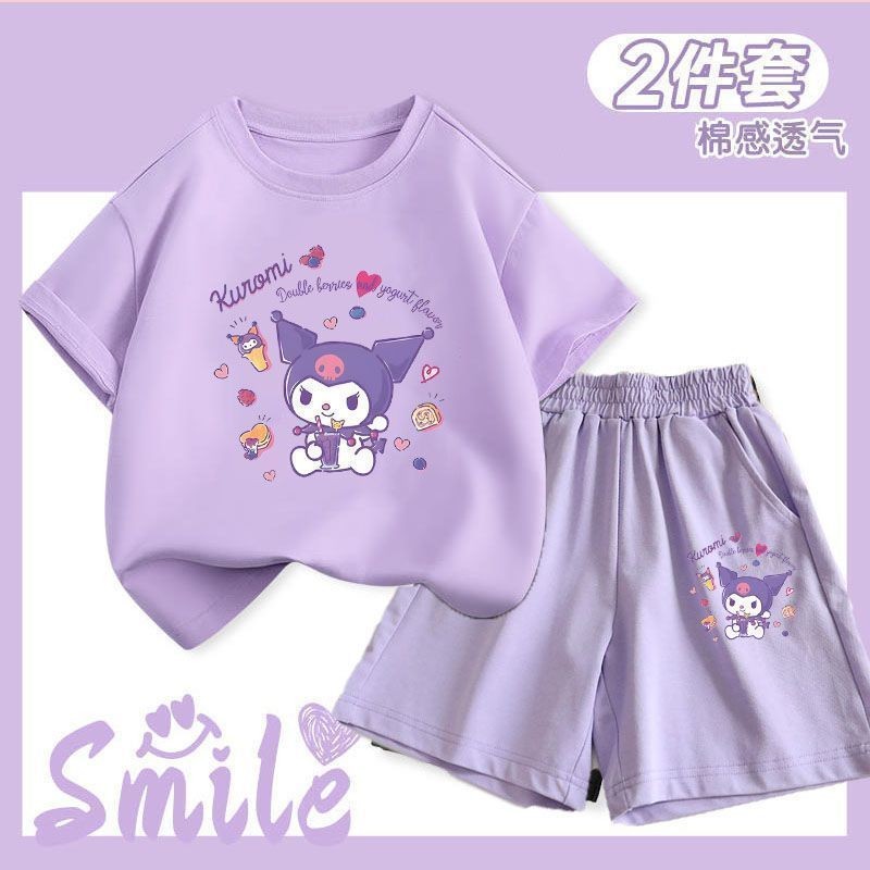 kikio🌼 Melody Girls Shorts Kulomi แขนสั้นชุดฤดูร้อนขนาดเล็กและขนาดกลางเด็กแขนสั้นกางเกงขาสั้นห้ากา