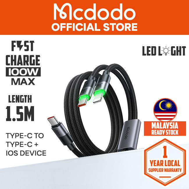 MCDODO CA670 2 In 1 Type-C To C + L Cable พร้อม LED (1.5M/100W)