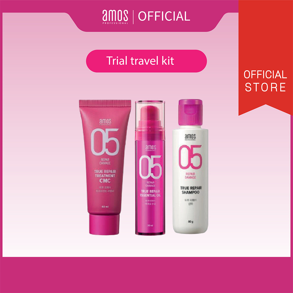 ในสต็อก [AMOS PROFESSIONAL] True Repair Damage hair care Kit_Shampoo80g + น้ํามันหอมระเหย 20ml + ทรี