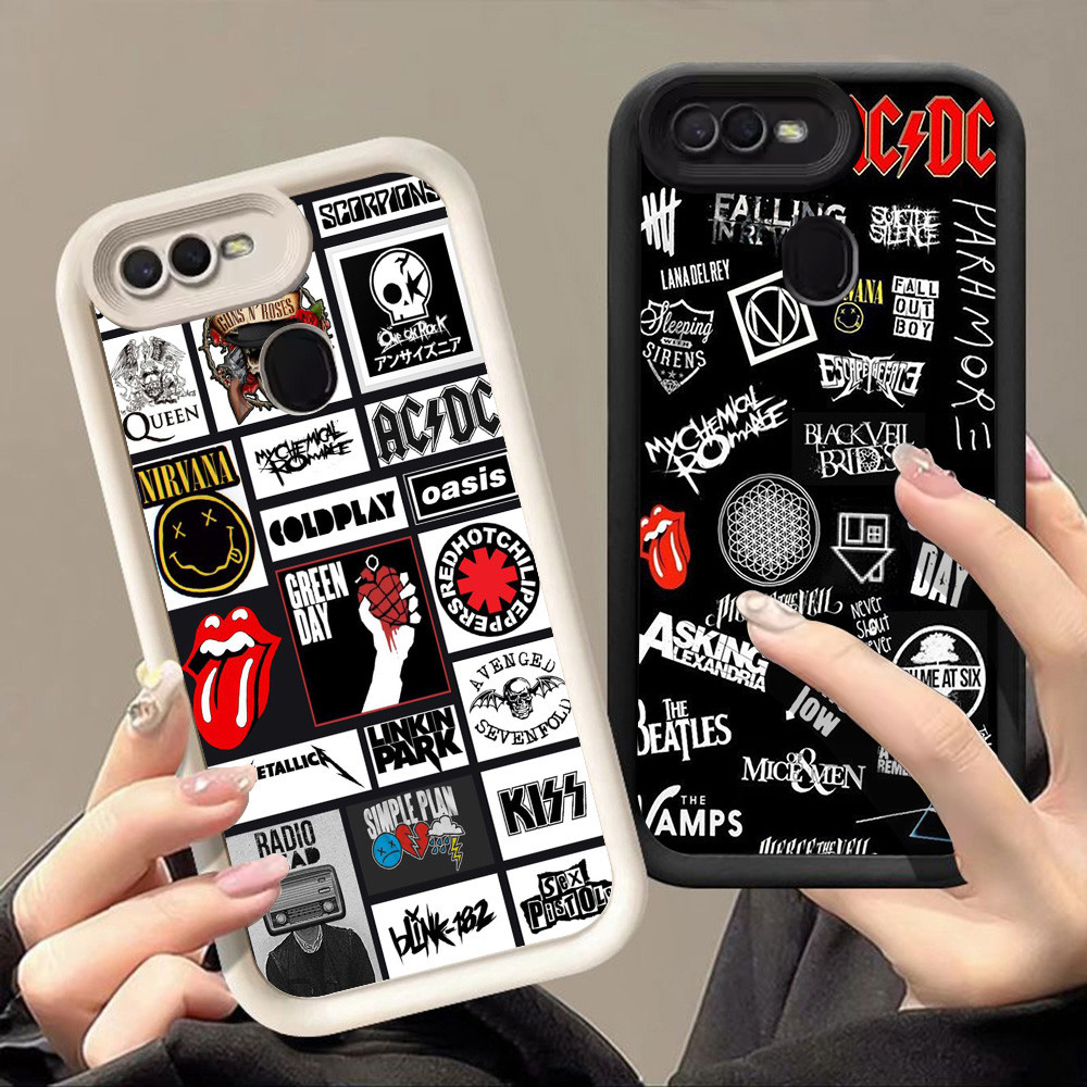 Q-87 แฟชั่น Rock Band สีดําและสีขาวปลอกสําหรับ OPPO A11K A12 A12s A5S A7 A5 2025 A5i F9 Pro ฝาครอบกร
