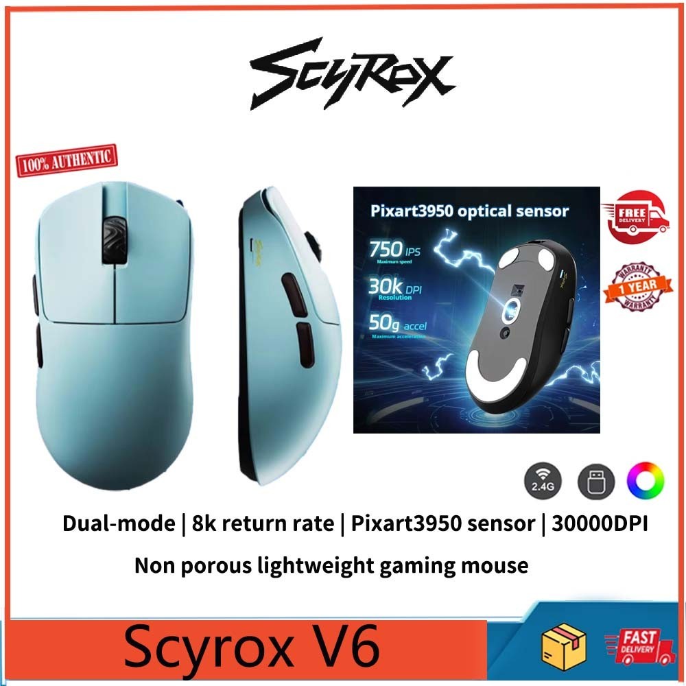 Scyrox V6 เมาส์สําหรับเล่นเกมไร้สายสองโหมด, อัตราคืน 8k, เซ็นเซอร์ Pixart3950, ไมโครเคลื่อนไหวแสง O