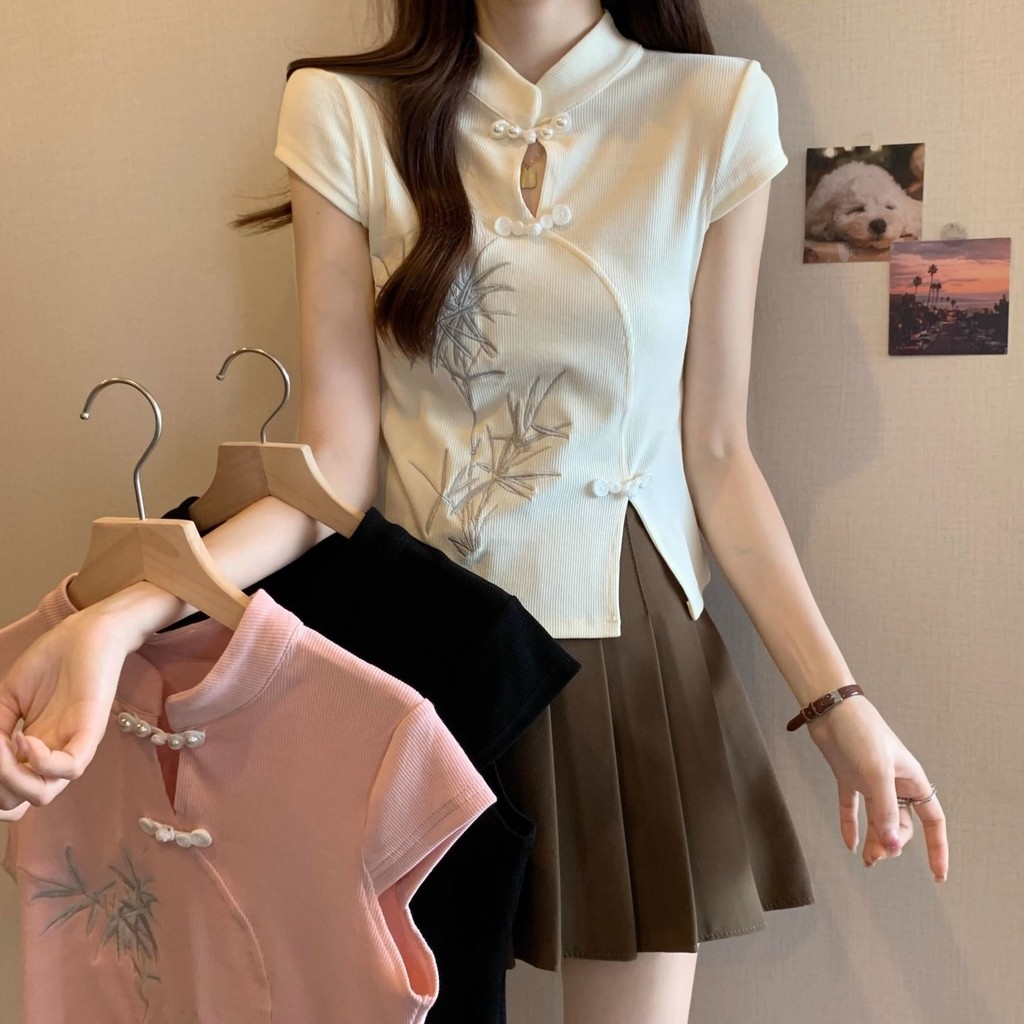 สไตล์แห่งชาติสไตล์จีนใหม่ยืนปกหัวเข็มขัดปักแขนสั้นเสื้อยืดผู้หญิงแขนสั้นจิ