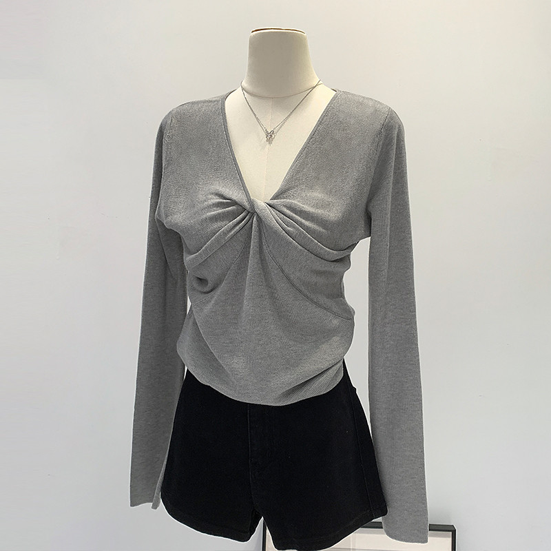 81764 เสื้อสเวตเตอร์แขนยาวดีไซน์ผูกปมคอวีสลิมฟิต - รูปที่ 2