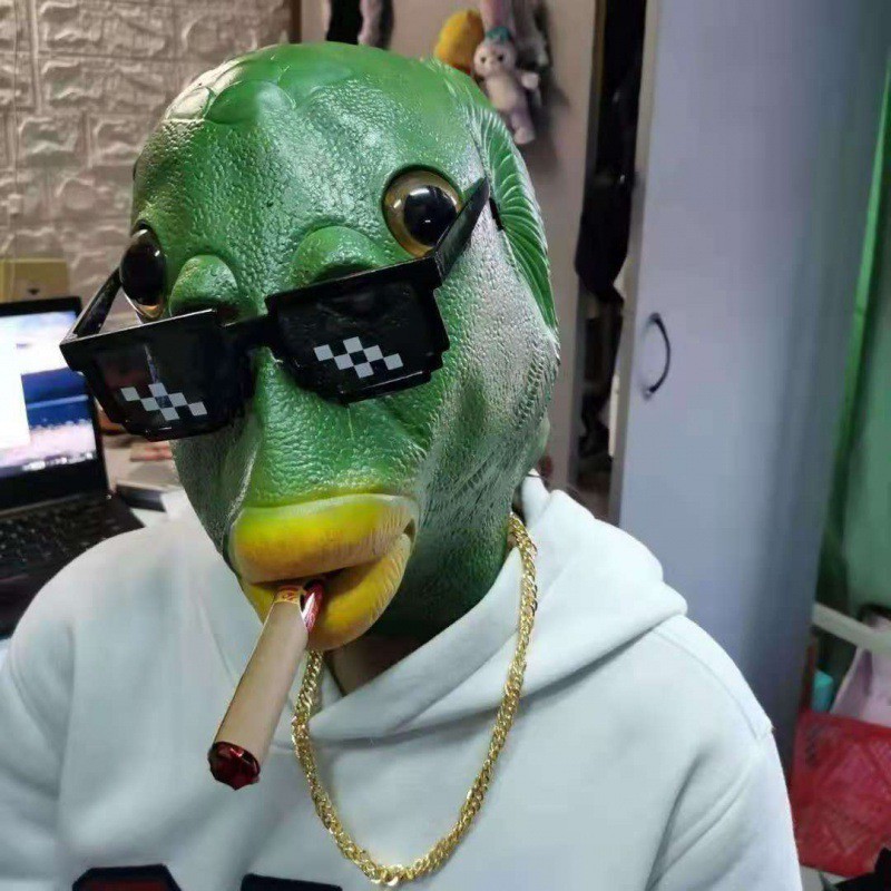 ในสต็อก TIKTOK HOTGreen Murloc Monster Fish Headgear Mask Latex Animal Headgear Halloween整 ของเล่น