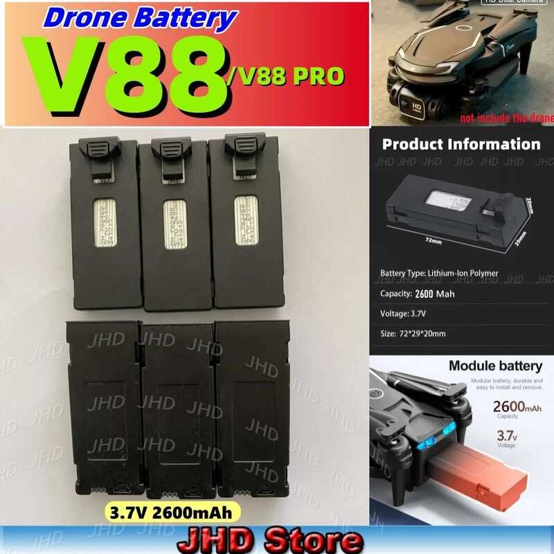 ▥ JHD ร้อน Drone HD แบตเตอรี่เดิม 3.7V 2600Mah แบตเตอรี่สําหรับ V88 PRO อะไหล่แบตเตอรี่อุปกรณ์เ