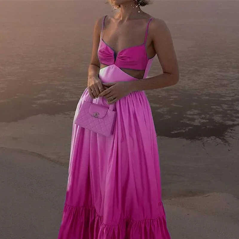 ▥ Wefads Dress Women Elegant Sleeveless Suspender Ombre Hollow Out Backless Nipped Waist Party L