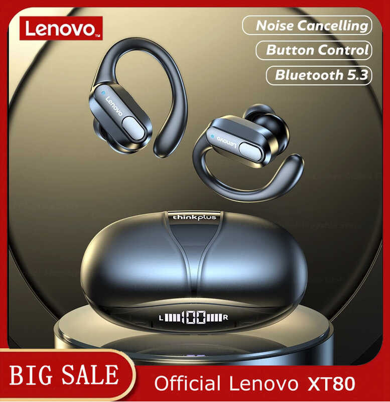 Bluetooth Lenovo XT80 5.3 True Wireless Headphones Mic Button Control Noise Cancelling Ear Hook Wat