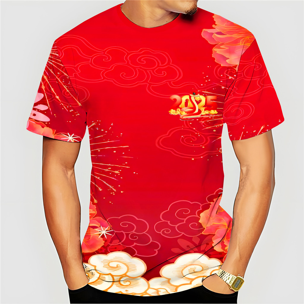 2025 เสื้อยืดปีงูสีแดงเหมาะสําหรับผู้ชายและผู้หญิงสวัสดีปีใหม่ของขวัญตรุษจีนปลุปีใหม่พิมพ์เสื้อระบายอากาศสบาย ๆ