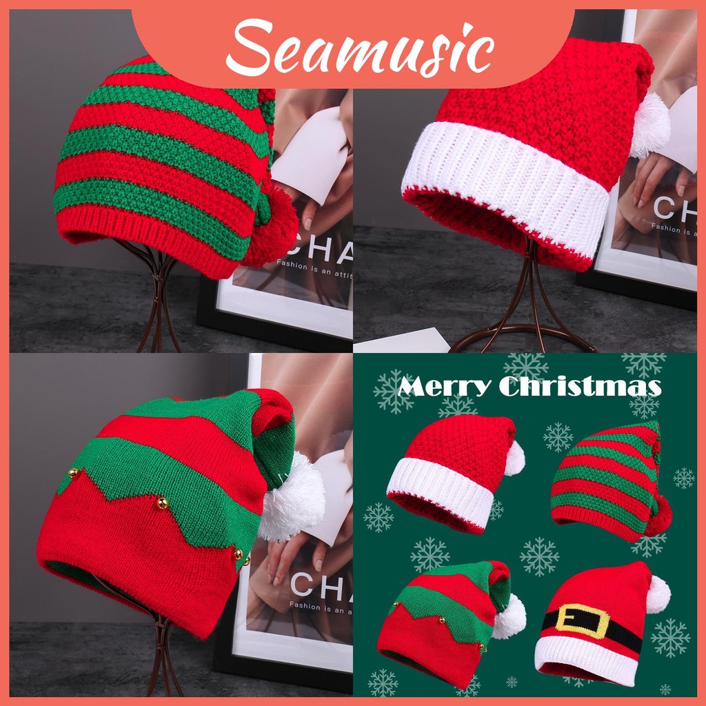 หมวกบีนนี่สีแดงถักแนวดีไลท์ มีเสน่ห์ ปอมปอมนุ่ม เทศกาล ธีมคริสต์มาส