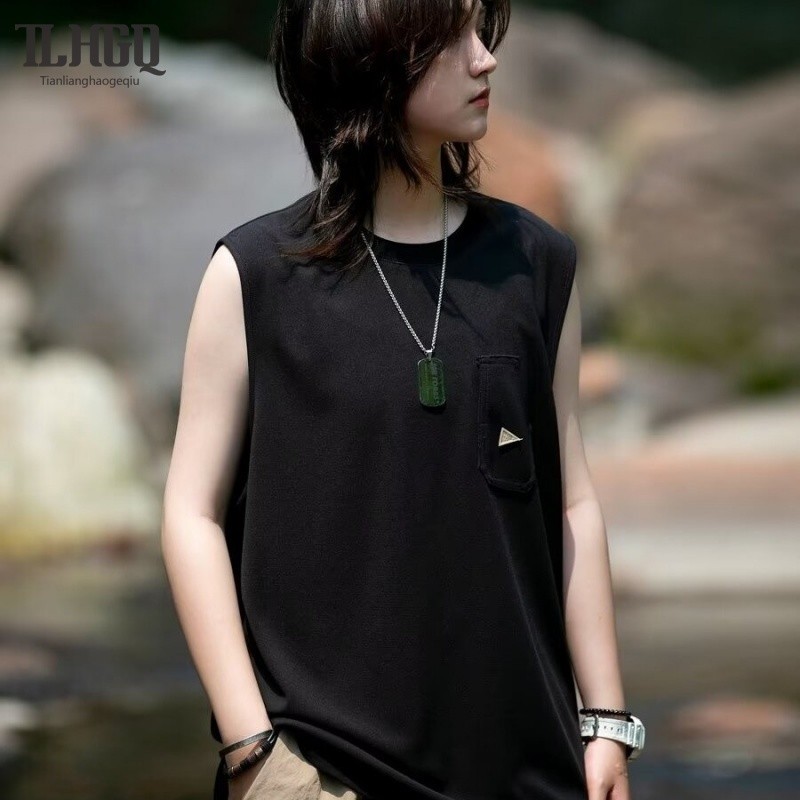 ♞,♘,♙ ผู้ชายสีทึบเสื้อกั๊กฤดูร้อนใหม่ญี่ปุ่นย้อนยุคสบายๆหลวมรอบคอแขนกุดด้านบน vbc