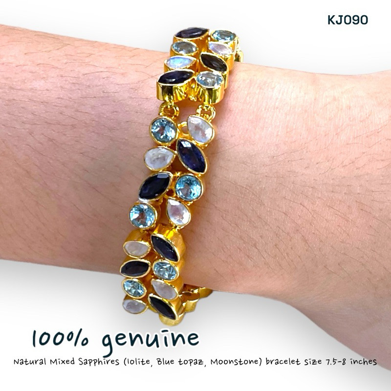KJ090 สร้อยข้อมือพลอยแท้ 100% Iolite, Blue Topaz & Moonstone ปรับระดับได้ 7.5-8นิ้ว
