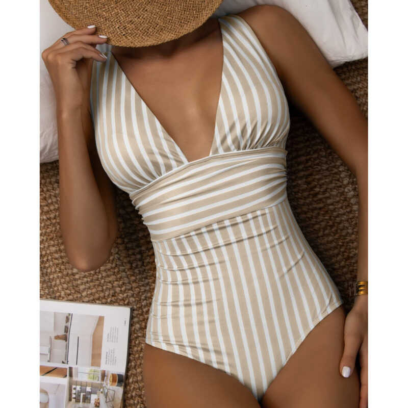 ▥ Summer Sexy Striped One Piece Swimsuit Closed Female Swimwear Push Up Body Women's Swim Wear B