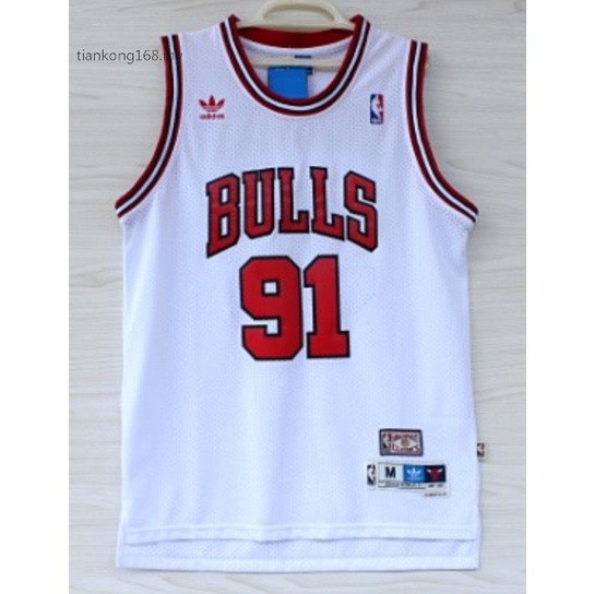 ในสต็อก NBA บุรุษ Chicago Bulls ใหม่ #91 Dennis Rodman เสื้อบาสเก็ตบอลปักวินเทจ สีขาว