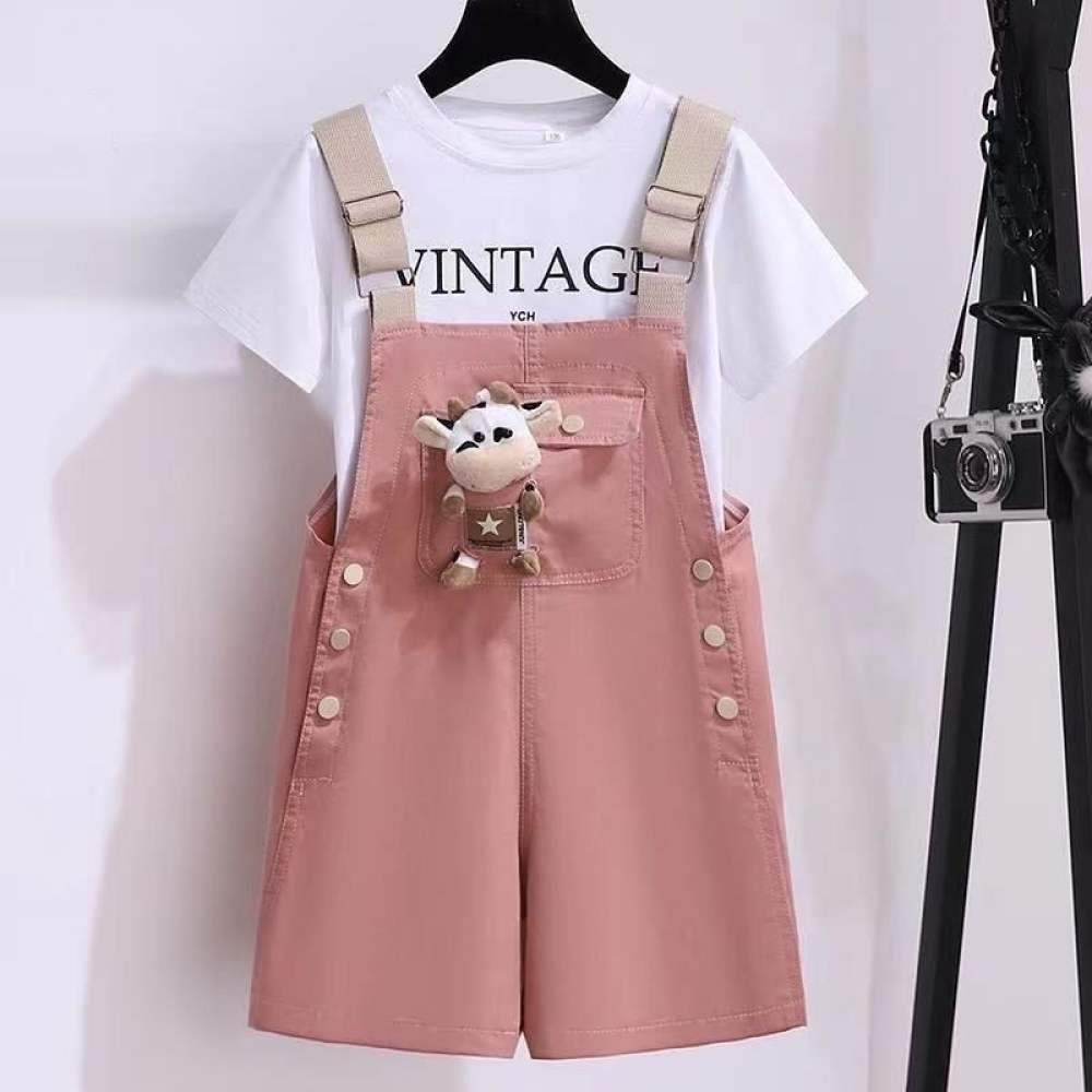 ชุดเซ็ทเด็กผู้หญิง ชุดเสื้อแขนสั้น ทรงหลวม ขนาดใหญ่ แฟชั่นฤดูร้อน สําหรับเด็กผู้หญิง ฮ่าๆ ชุดเอี๊ยมเด็กผู้หญิง+เสื้อยืดเด็กผู้หญิงเอี๊ยมสาวใหญ่ชุด 5-13 ปีชุดเด็กผู้หญิง