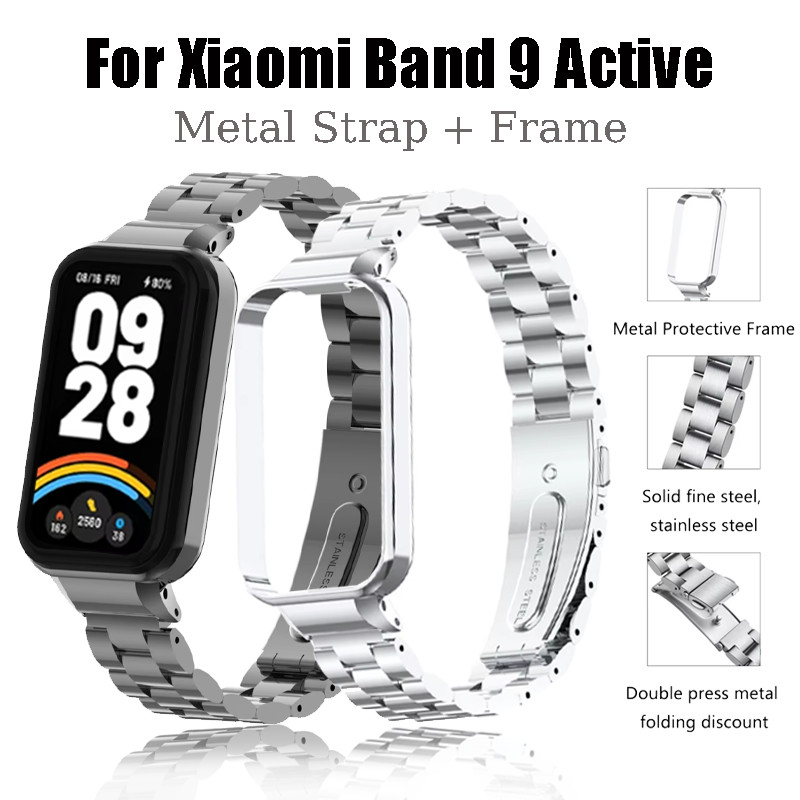 สายสแตนเลส + กรอบสําหรับ Xiaomi Mi Band 9 Active สายโลหะสําหรับ Xiaomi Band 9 Active Metal Frame Cov