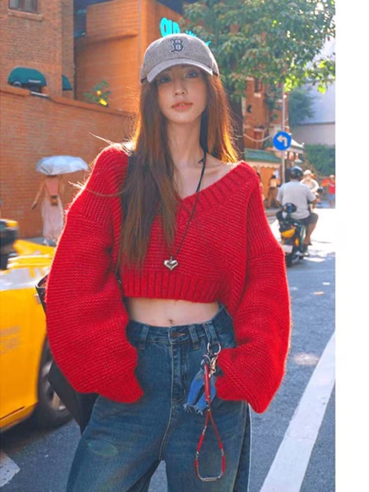 สีแดงขนาดเล็กถักหลวมเสื้อกันหนาวขี้เกียจพรีเมี่ยมสั้นสไตล์ใหม่เอวสูงถักเสื้อกันหนาวด้านบน
